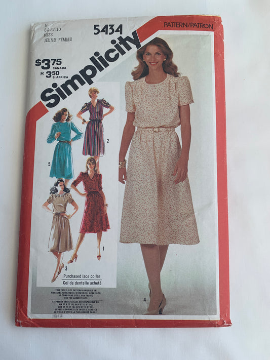 Simplicity Sewing Pattern 5434 Misses' Dresses, Long/Short Sleeves, Zipper Back, 5 Variations, Shoulder Pads, Two Lengths, Size 6-10, Cut, Vintage 1981