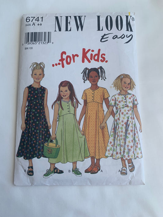 Simplicity New Look 6741 Girls' Dress, Princess Seams, Short Sleeves, Sleeveless, Tie Back, Full Skirt, Size 4-9, Cut, Vintage 1980