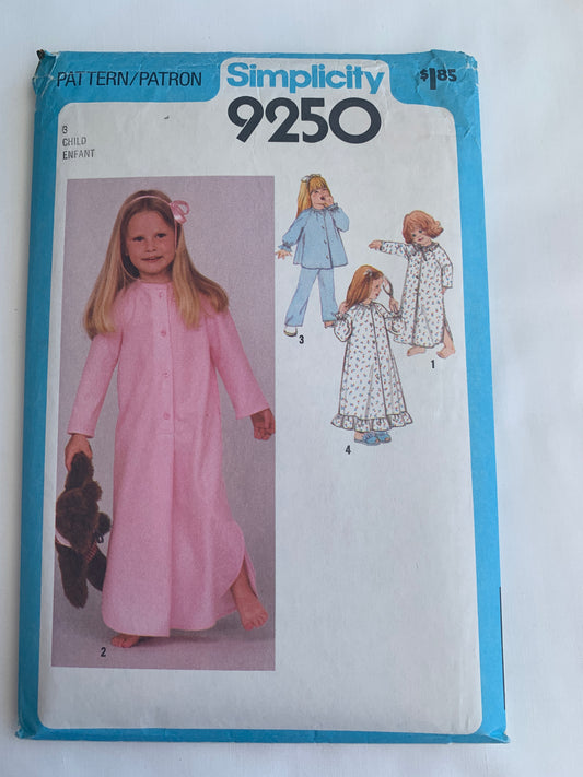 Simplicity Sewing Pattern 9250 Girls' Sleepwear, Housecoat, Pajamas, Robe, Top, Pants, Long Sleeves, Pockets, Button Front, Ruffle, Size 3, Cut, Vintage 1979