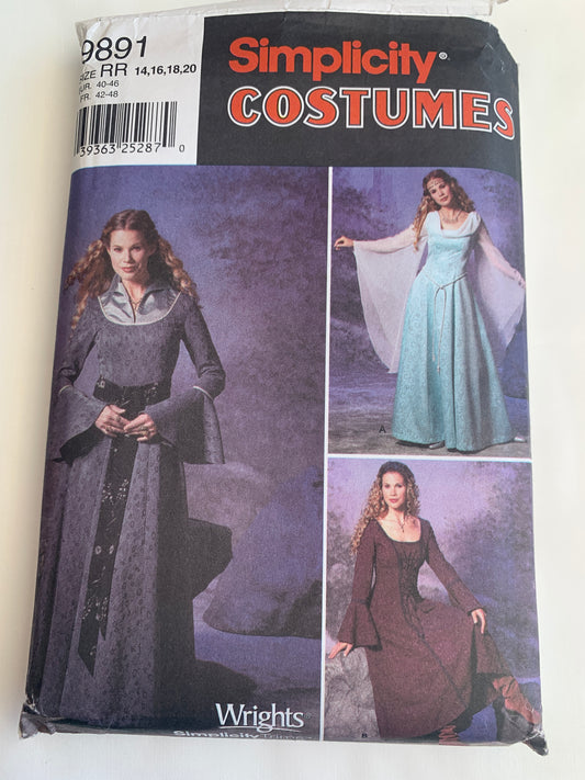 Simplicity Sewing Pattern 9891 Misses' Costumes, Renaissance, Medieval Dresses, Maid Marion, Long Sleeves, Zipper Back, Bows, 3 Variations, Size 14-20, Cut, 2001