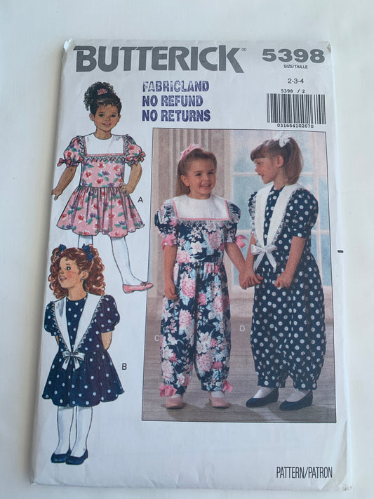 Butterick Sewing Pattern 5398 Girls' Dress, Jumpsuit, Zipper Back, Short Sleeves, Flared Skirt, Loose-Fitting, Size 2-4, Cut, Vintage 1991