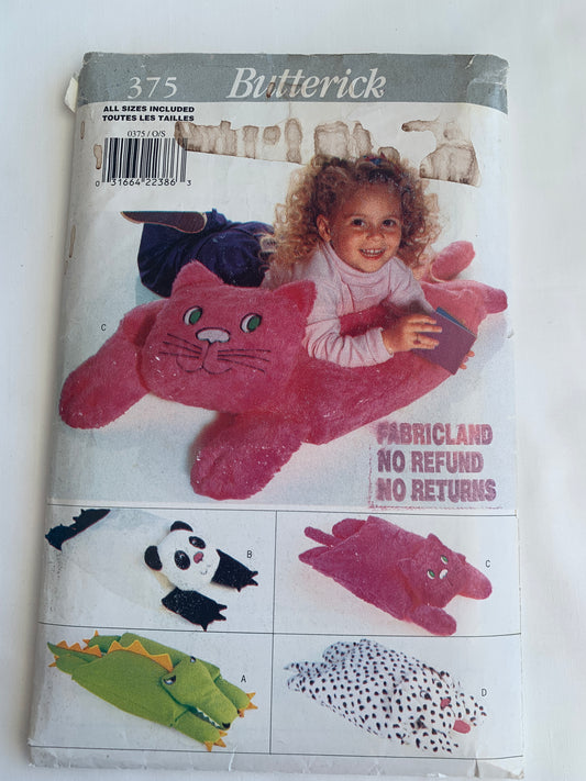 Butterick Sewing Pattern 375 Crafts, Pillows, 4 Variations, Cat, Alligator, Panda Bear, Dog, Cut, Vintage 1995