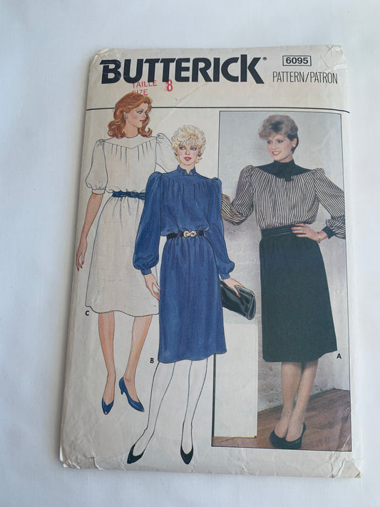Butterick Sewing Pattern 6095 Misses'/Misses' Petite Dress, Belt, Long/Short Sleeves, 3 Variations, Zipper Back, Size 8, Cut, Vintage 1995