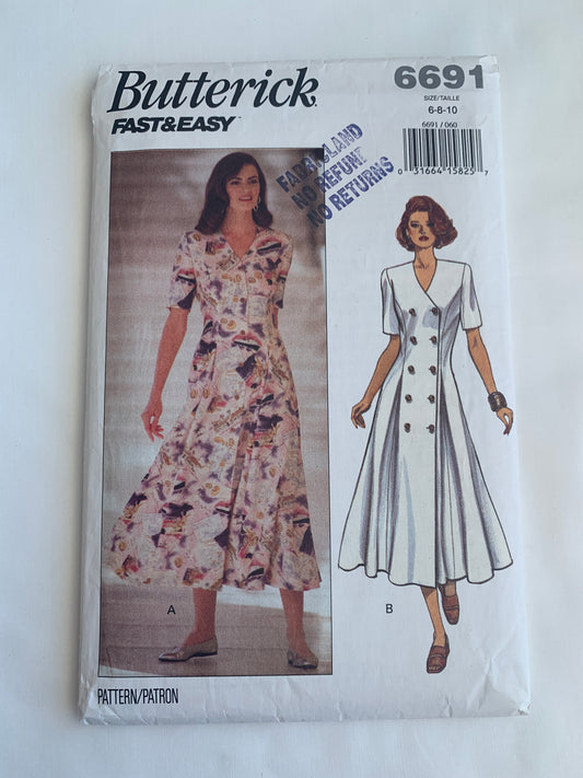 Butterick Sewing Pattern 6691 Misses' Dress, Semi-fitted, Short Sleeves, Button Front, Princess Seams, Size 6-10, Cut, Vintage 1993