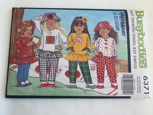 Butterick Busybodies Sewing Pattern 6371 Girls' Pajamas, Top, Pants, Leggings, Hat, Pull-On, Button Front, Long Sleeves, Pockets, Stirrups, Size 2-4, Cut, Vintage 1992