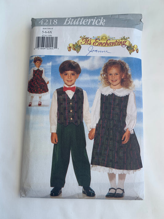 Butterick Sewing Pattern 4218 Boys'/Girls'/Children's Pinafore, Vest, Pants, Bow Tie, Pockets, Size 5-6X, Cut, Vintage 1995
