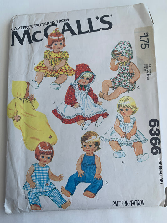 McCall's Sewing Pattern 6366 Doll Clothes, DressPinafore, Panties, Sunsuit, Overalls, Top, Pants, NIghtgown, Hood, Sizes 15 1/2-17 Inch, Cut, Vintage 1978