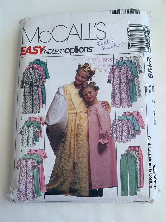 McCalls Sewing Pattern 2499 Girls' Pajamas, Long/Short Sleeves, Two Lengths, Pull-On Pants, Top, Robe, Housecoat, Pockets, Size 7-12, Cut, Vintage 1999