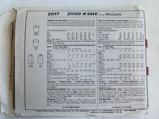 McCall's Stitch 'N Save Sewing Pattern 2017 Blouse, Skirt, Sleeveless, Pockets, Pullover, Button Front, Size 6-10, Cut, Vintage 1985