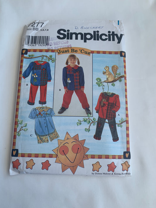 Simplicity Just Be Cuz Sewing Pattern 7277 Girls' Tops, Pants, Shorts, Elastic Waist, Two Lengths, Long/Short Sleeves, Button Front, Size 5-8, Uncut, Vintage 1996