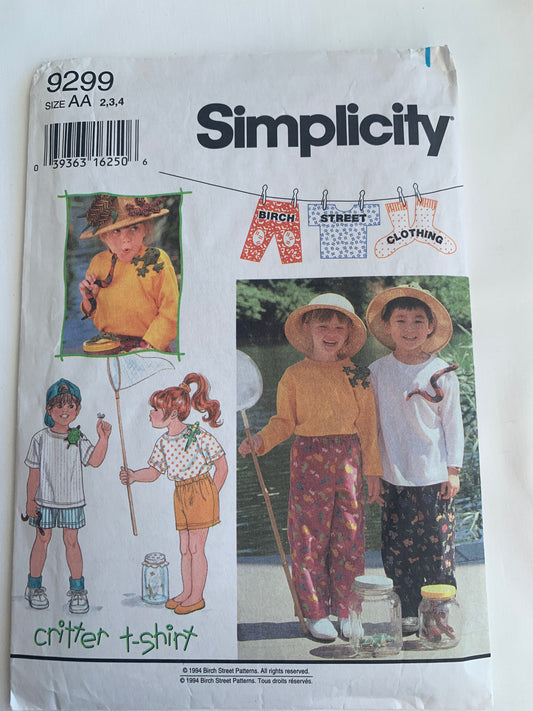 Simplicity Sewing Pattern 9299 Girls' Top, Pants, Shorts, Pockets, Long/Short Sleeves, Animal Appliques, Elastic Waist, Pullover, Size 2-4, Uncut, Vintage 1994