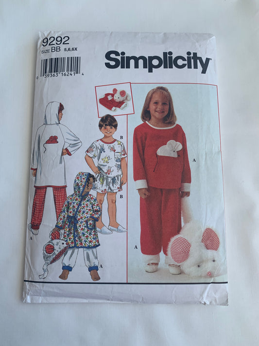 Simplicity Sewing Pattern 9292 Child's Pajamas, Hood, Robe, Two Lengths, Long/Short Sleeves, Elastic Waist, Bag, Size 5-6x, Uncut, Vintage 1994