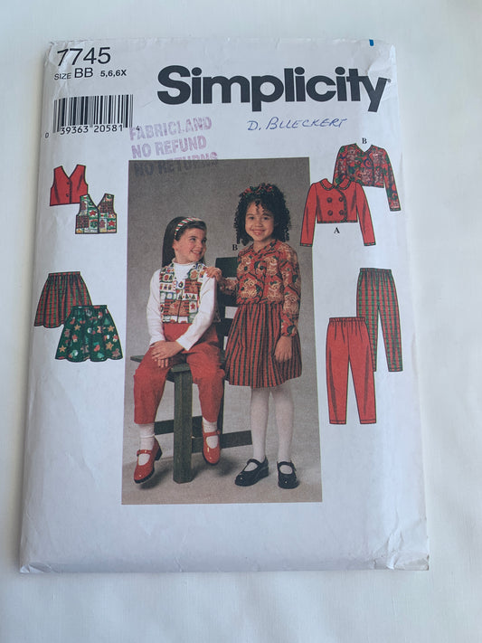 Simplicity Sewing Pattern 7745 Girls' Skirt, Pants, Jacket, Vest, Pull-On, Elastic Waist, Long Sleeves, Size 5-6x, Uncut, Vintage 1997