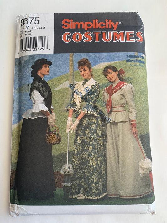 Simplicity Sunrise Designs Sewing Pattern 8375 Misses' Costume, Victorian, Top, Skirt, Tie, Scarf, Size 18-22, Uncut, Vintage 1998