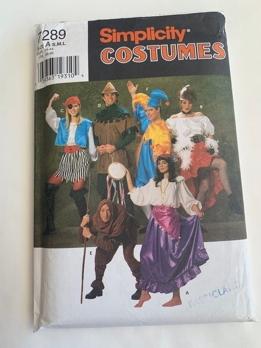 Simplicity Sewing Pattern 7289 Misses'/Men's Adult Costumes, Gypsy, Pirate, Robin Hood, Can Can Dancer, Hunchback, Jester, Size 34-44, Uncut, Vintage 1996