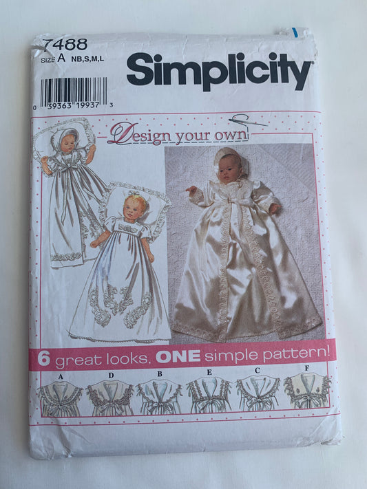 Simplicity Sewing Pattern 7488 Babies/Infants Christening Gown, Bonnet, Short Sleeves, Collars, Button Back, Size 7-24 Pds, Uncut, Vintage 1997