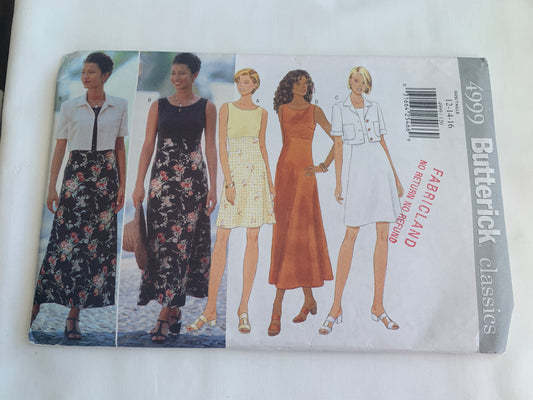 Butterick Sewing Pattern 4999 Misses' Jacket, Dress, Loose-Fitting, Unlined, Shoulder Pads, Short Sleeves, Size 12-16, Zipper Back, Uncut, Vintage 1997