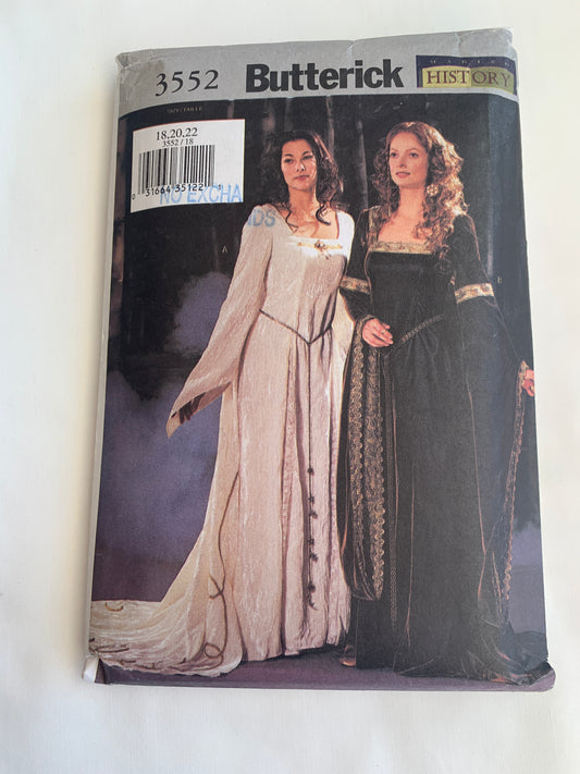 Butterick Sewing Pattern 3552 Misses' Costumes, Dress, Cape, 2 Variations, Princess Seams, Halloween, LOng Sleeves, Fitted, Ruffles, Size 18-22, Uncut, 2002