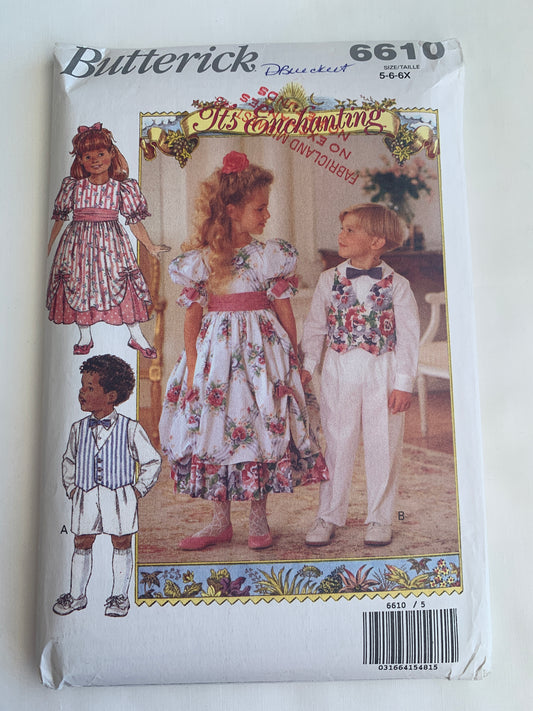 Butterick Sewing Pattern 6610 Boys'/Girls'/Children's Dress, Vest, Shorts, Pants, Bow Tie, Pockets, Size 5-6X, Uncut, Vintage 1993