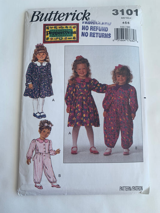 Butterick Sewing Pattern 3101 Toddlers'/Girls' Dress, Jumpsuit, Long Sleeves, Button Back, Tie Back, Collar, Snap Crotch, Size 4-6, Uncut, Vintage 1993