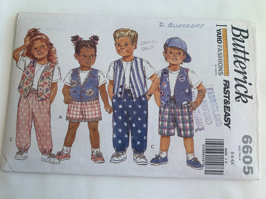 Butterick Sewing Pattern 6605 Boys'/Girls'/Children's Vest, Shorts, Pants, Loose-Fitting, Short Sleeves, Pockets, Size 5-6X, Uncut, Vintage 1993