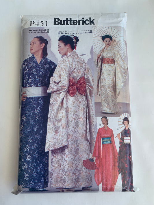 Butterick Sewing Pattern P451 Men's/Misses' Robe, Obi, Sash, Costumes, Loose-Fitting, Long Sleeves, Wrap, Sash, Two Lengths, Size 32-48, Uncut, 2000