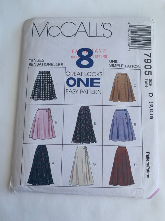 McCall's Sewing Pattern 7905 Misses' Skirt, Two Lengths, 8 Variations, Wrap Skirt, Side Closure, Size 12-16, Uncut, Vintage 1996