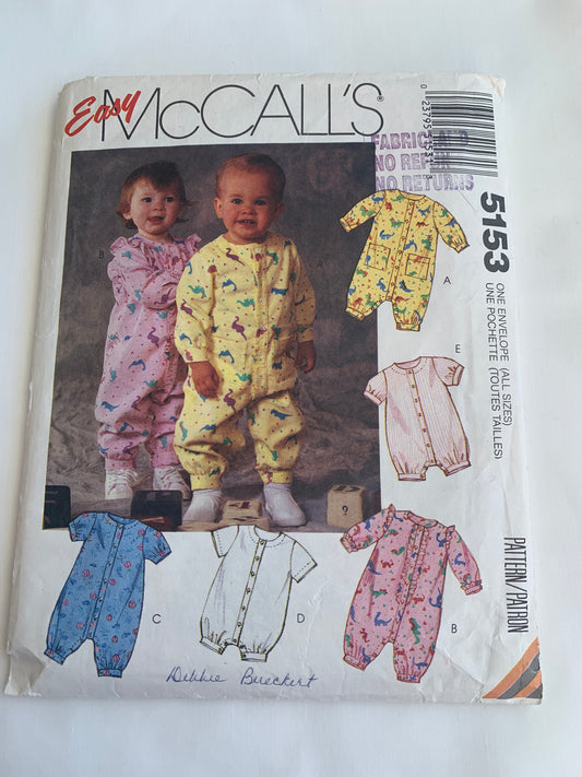 McCall's Sewing Pattern 5153 Infants' Rompers, Jumpsuits, Pockets, Snap Crotch, Size 14-32 Pounds, Uncut, Vintage 1990