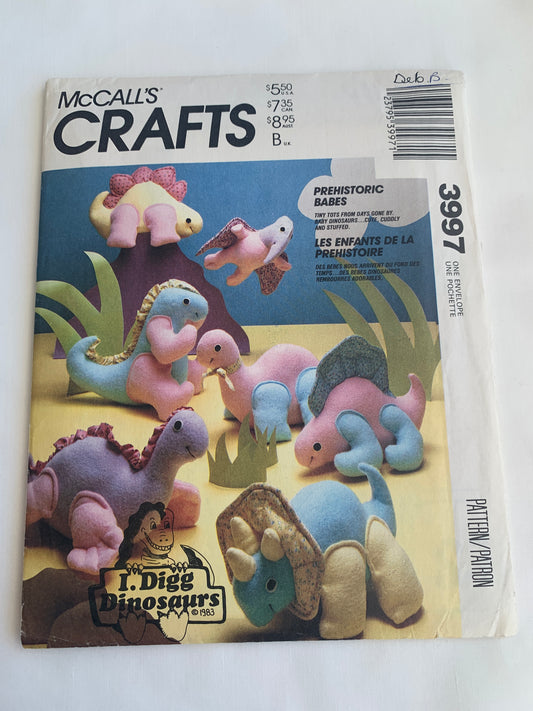McCall's Sewing Pattern 3997 Crafts 7 Stuffed Prehistoric Baby Dinosaurs, Uncut, Vintage 1988