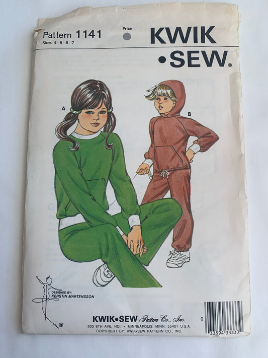 KWIK Sewing Pattern 1141 Girls' Jogging Suit, Stretch Knits Only, Loose-Fitting, Elastic Waist, Hood, Pullover, Long Sleeves, Size 4-7, Uncut, Vintage 1980