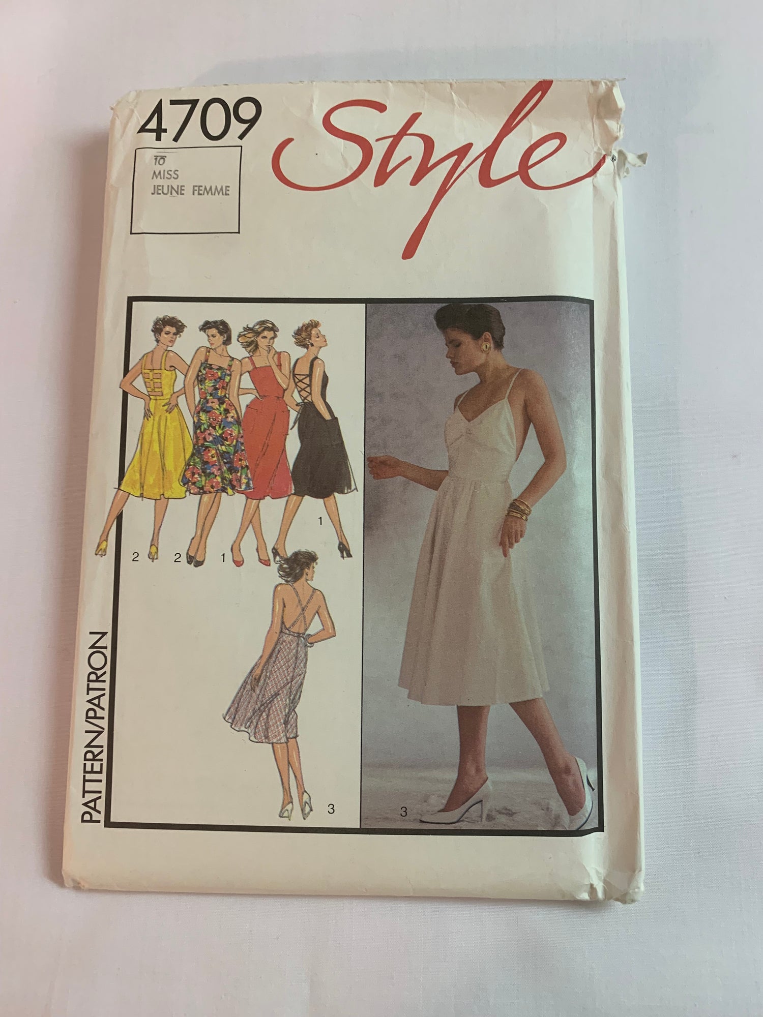 Style Sewing Pattern 4709 Misses' Dress, Sundress, Bias Skirt, Two Lengths, Sleeveless, Pullover, 3 Variations, Shoulder Straps, Pockets, Size 10, Uncut, Vintage 1986