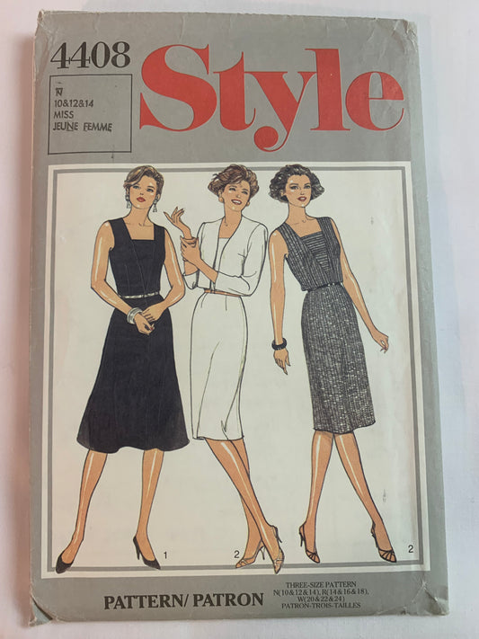 Style Sewing Pattern 4408 Misses' Unlined Jacket, Dress, Zipper Back, Waist Length, Fitted, Long Sleeves, Sleeveless, Size 10-14, Uncut, Vintage 1985