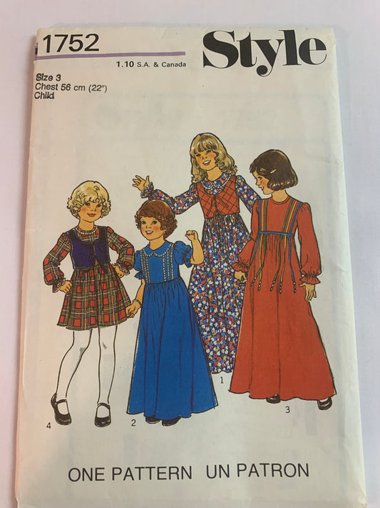 Style Sewing Pattern 1752 Girls' Dress, Bolero, 4 Variations, Gathered Skirt, Zipper Back, Long/Short Sleeves, Size 3, Uncut, Vintage 1976