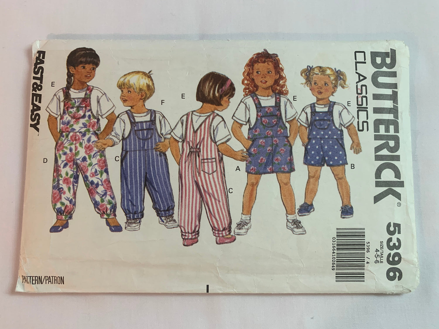 Butterick Sewing Pattern 5396 Toddlers' Jumper, Jumpsuit, Top, Two Lengths, Long/Short Sleeves, Snap Crotch, Loose-Fitting, Size 4-6, Uncut, 1991