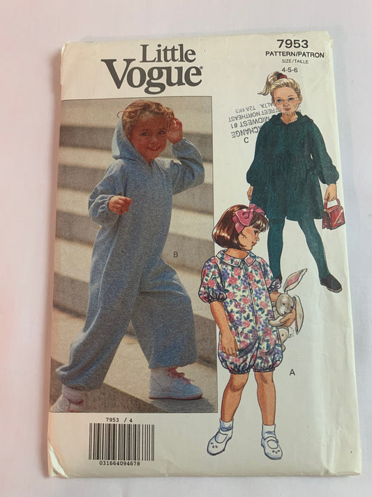 Vogue Sewing Pattern 7986 Toddlers'/Children's Jumpsuit, Dress, Loose-Fitting, Long/Short Sleeves, Hood, Dirndl Skirt, Size 4-6, Uncut, Vintage 1990