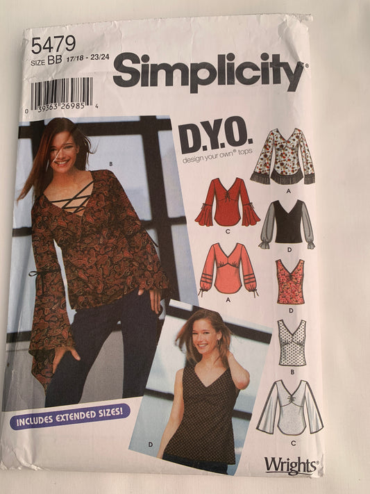 Simplicity Sewing Pattern 5479 Misses'/Juniors' Tops, Two Lengths, Sleeveless, Long Sleeves, Pullover, Size 17-24, Uncut, 2003