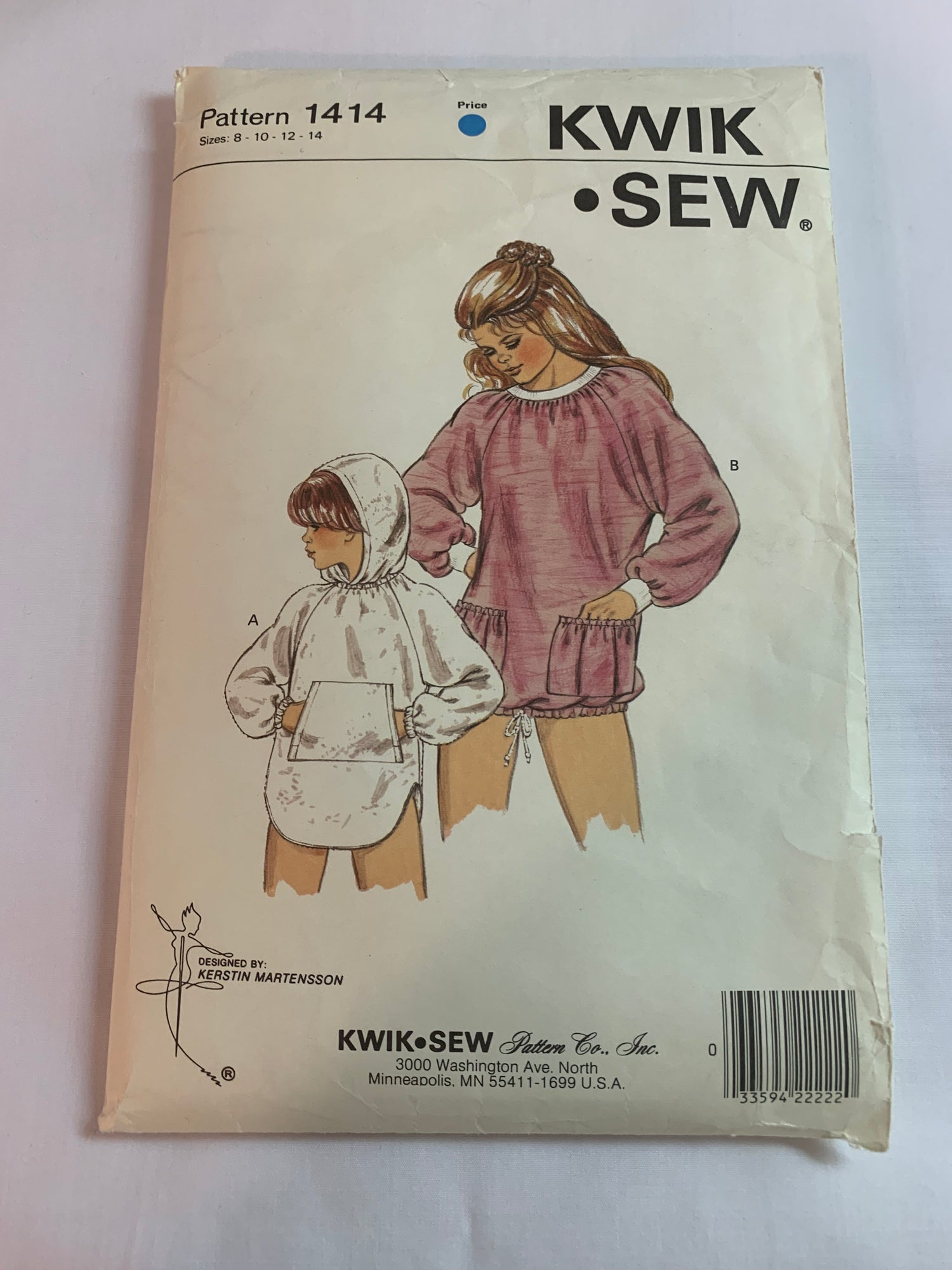 KWIK Sewing Pattern 1414 Girls' Coverup, Long Raglan Sleeves, Pocket, Hood, Drawstring, Uncut, Size 8-14, Vintage 1985