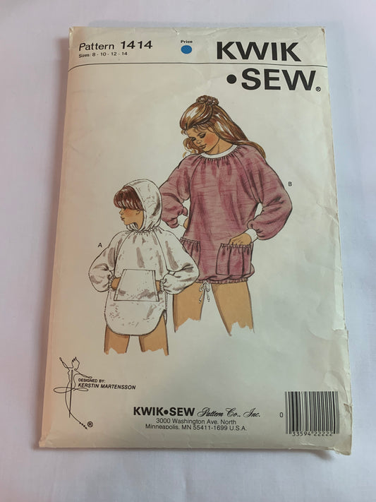KWIK Sewing Pattern 1414 Girls' Coverup, Long Raglan Sleeves, Pocket, Hood, Drawstring, Uncut, Size 8-14, Vintage 1985