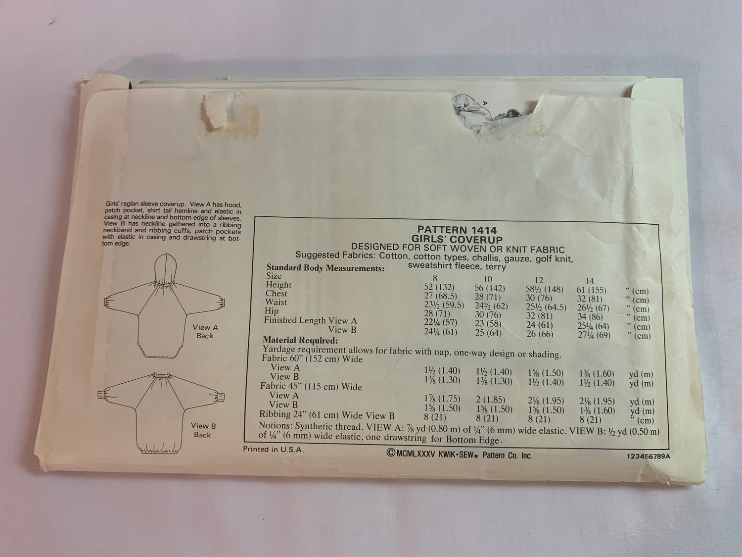 KWIK Sewing Pattern 1414 Girls' Coverup, Long Raglan Sleeves, Pocket, Hood, Drawstring, Uncut, Size 8-14, Vintage 1985