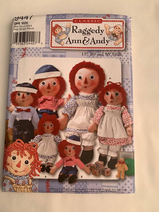Simplicity Sewing Pattern 9447 Raggedy Ann, Andy Stuffed Dolls, 15-36 Inch, Wardrobe, Top, Apron, Panties,Jumpsuit, Shirt, Hat, Uncut, 2000