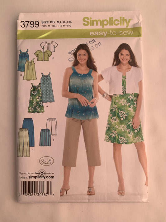 Simplicity Sewing Pattern 3799 Misses' Dress, Tunic, Cropped Pants, Shorts, Jacket, Size 14-26, Uncut, 2007