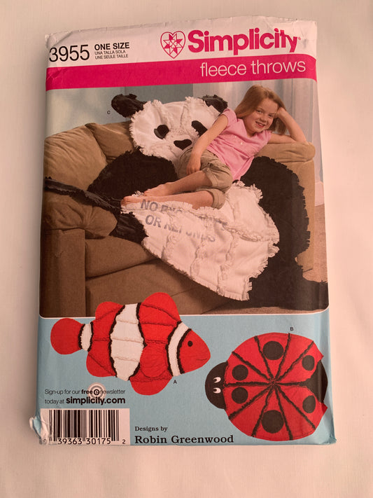Simplicity Sewing Pattern 3955 Fleece Throw, Lady Bug, Clown Fish, Panda Bear, Uncut, 2006