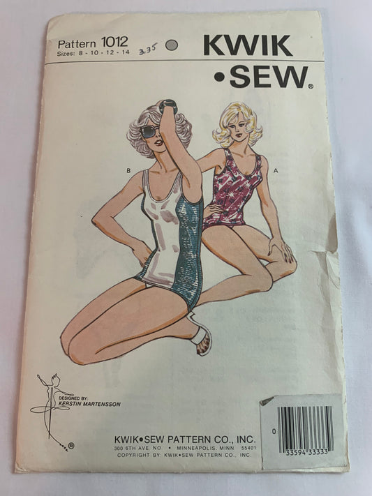 Kwik Sewing Pattern 1012 Misses' One Piece Swimsuit, 2 Variations, Shoulder Straps, Stretch Knit, Size 8-14, Uncut, Vintage 1989