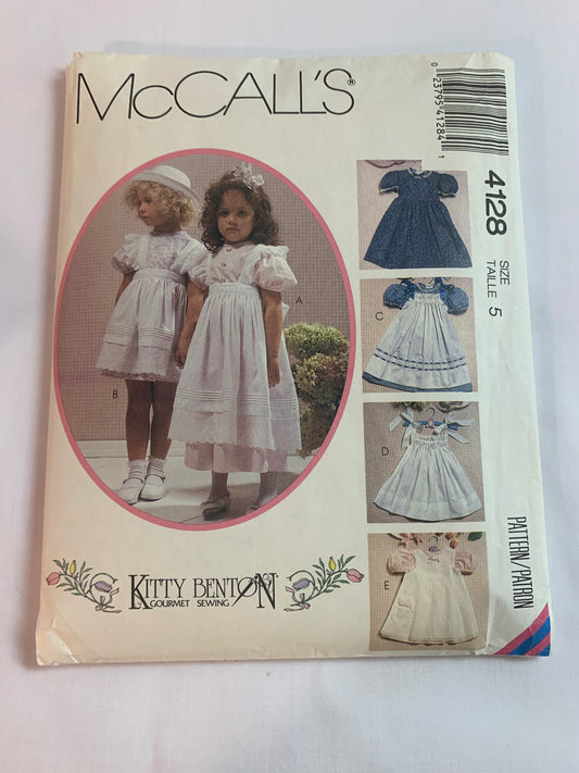 McCall's Sewing Pattern 4128 Girls' Dress, Pinafore, Short Sleeves, Button Back, Ruffles, Collar, 5 Variations, Size 5, Uncut, Vintage 1989