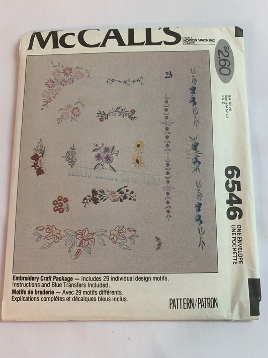 McCall's Sewing Pattern 6546 Transfers Embroidery Craft, 29 Motifs, Flowers, Borders, Uncut, Vintage 1978