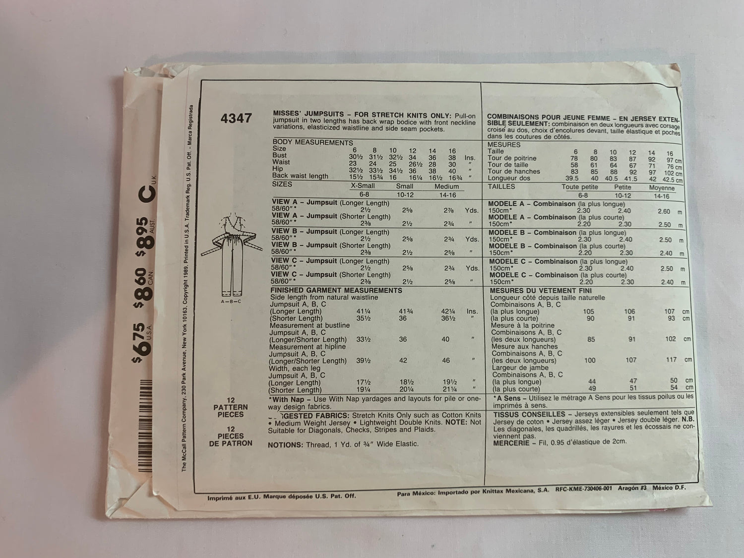 McCall's Sewing Pattern 4347 Misses' Jumpsuit, Sleeveless, Pockets, 3 Variations, Stretch Knits, Pull-On, Back Wrap, Size 10-12, Uncut, Vintage 1986