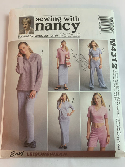 McCall's Nancy Zieman Sewing Pattern M4312 Misses' Tops, Skirt, Pants, Shorts, Stretch Knits Only, Pullover, Elastic Waist, Size 8-22, Uncut, 2003