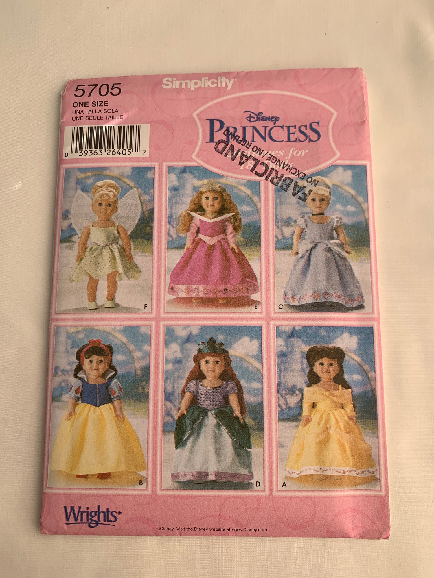 Simplicity Sewing Pattern 5705 18 Inch Disney Princess Doll Clothes, Snow White, Belle, Cinderella, Ariel, Sleeping Beauty, Tinkerbell, Uncut, 2003