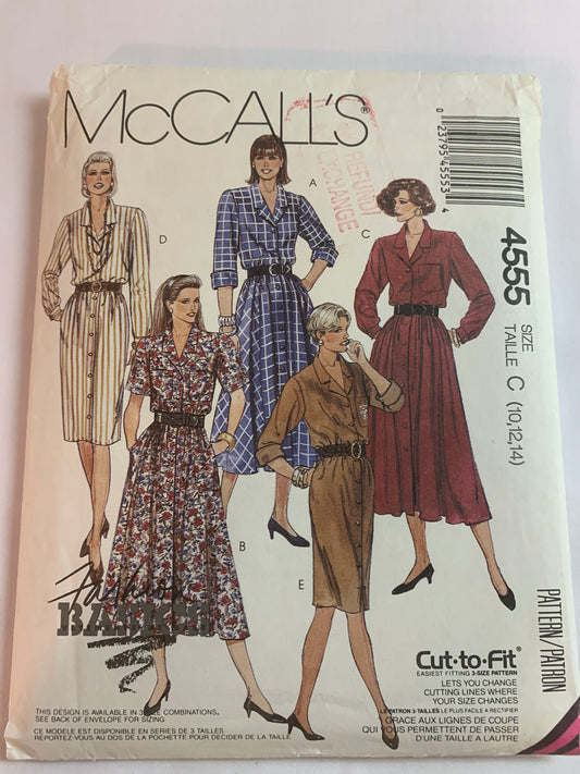 McCall's Sewing Pattern 4555 Misses' Dresses, Button Front, Pockets, 5 Variations, Long/Short Sleeves, Full Skirt, Size 10-14, Uncut, Vintage 1989