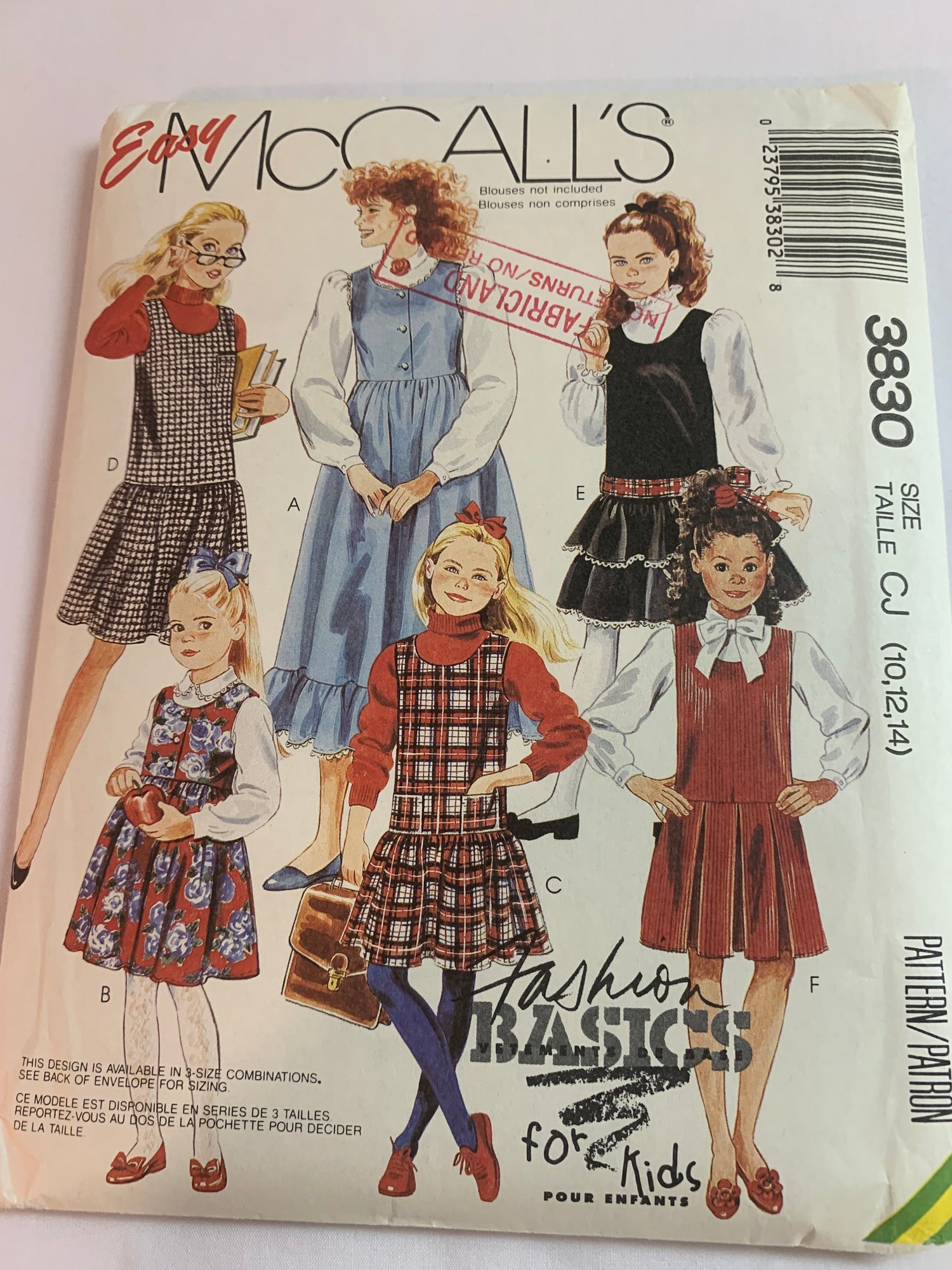 McCall's Sewing Patterns 3830 Girl's Jumpers, Dress, Front Button, Flared, Sleeveless, Gathered Skirt, Dropped Waist, Pockets, Size 10-14, Uncut, Vintage 1988
